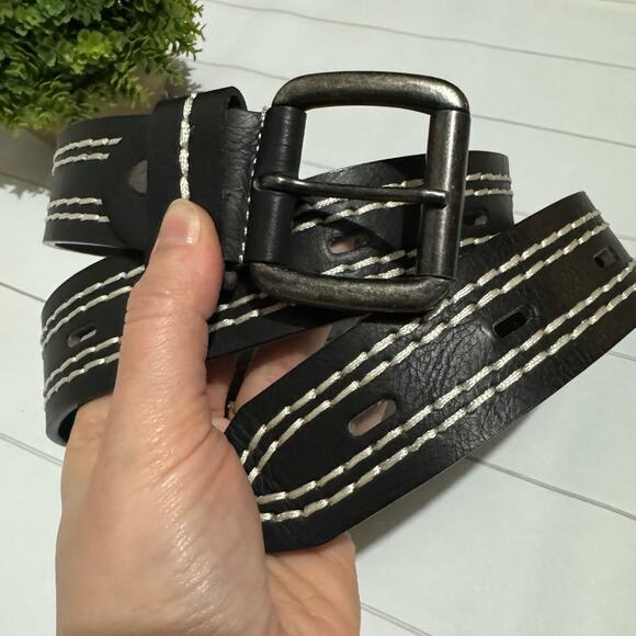 Genuine Leather Black White Contrast Stitching Belt Mens Size Medium - Picture 1 of 4